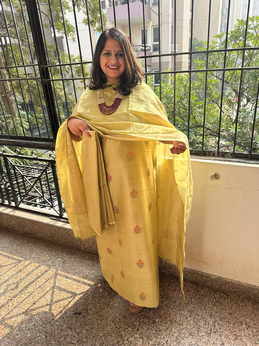 Lemon Yellow Chanderi handloom Banarsi Booti three piece suit