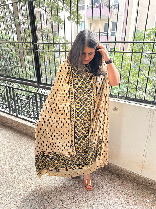 Ivory Panel Beautiful handcrafted Ajrakh Silk Velvet Kurta