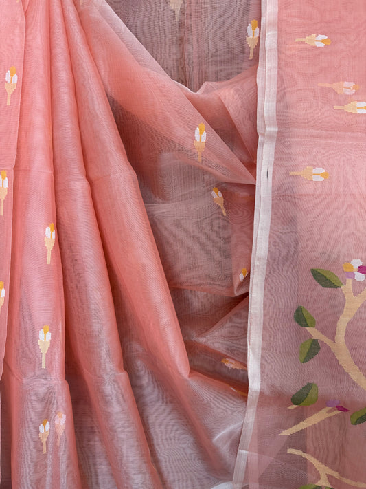 Peach jamdani handwoven pure muslin silk sari