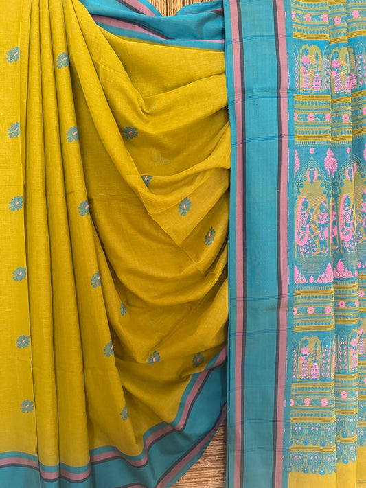 NAPLES YELLOW HANDWOVEN  HANDLOOM BALUCHARI AUTHENTIC BENGAL HERITAGE WEAVE COTTON SARI