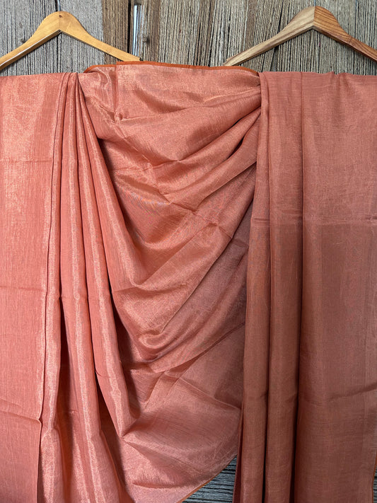 ORANGE RUST TISSUE LINEN ZARI SARI WITH WOVEN RED BORDER