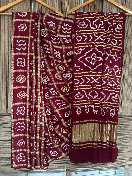 BRUNT MAROON GAJJI SILK RAI BANDHANI  GHARCHOLA SARI  BS-36