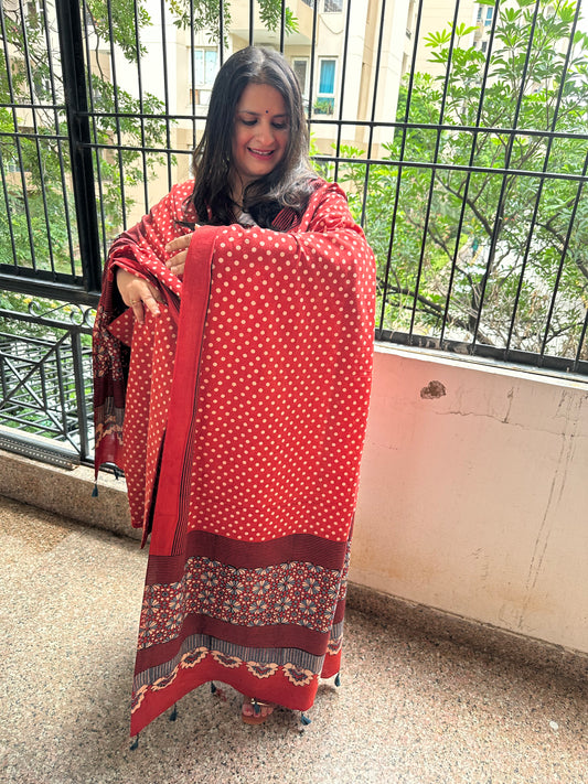 MAROON  AJRAKH HANDBLOCK AND HAND CRAFTED CONTEMPORARY THREE PIECE SUIT SET