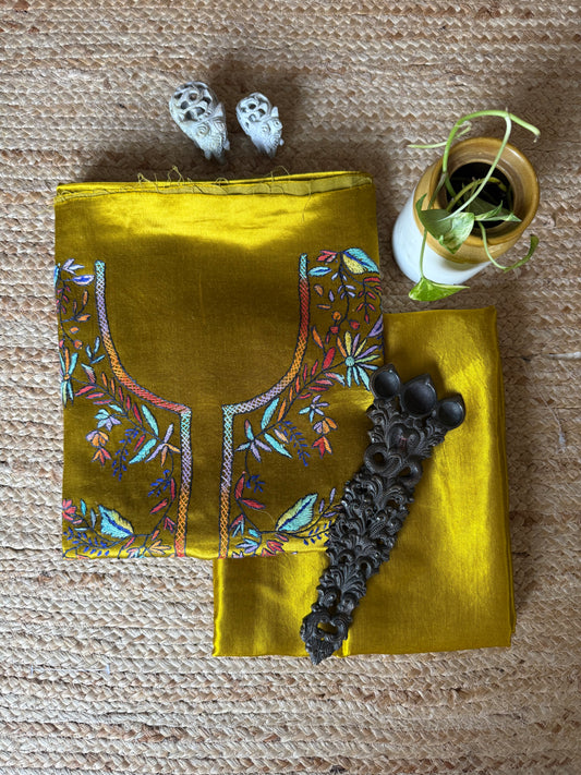 MUSTARD MASHRU SILK HAND EMBROIDERY KASHMIRI HANDEMBROIDERY SOZNI WORK CORD SET Cs- 22