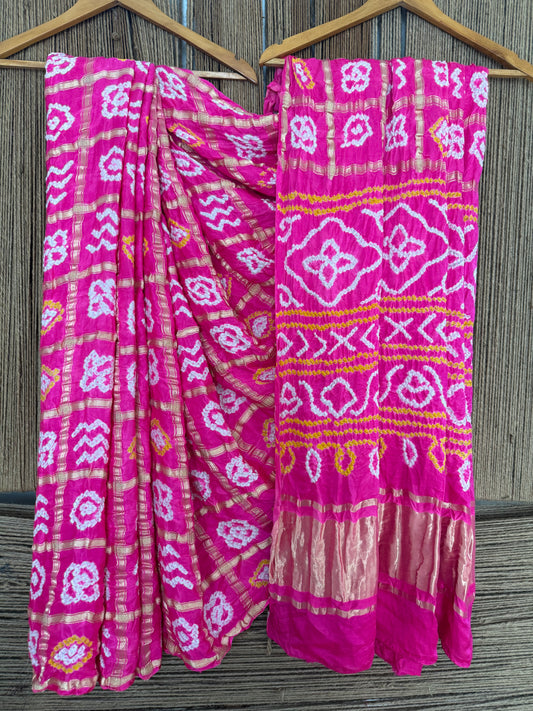 ULTRA PINK GAJJI SILK RAI BANDHANI  GHARCHOLA SARI  BS- 24