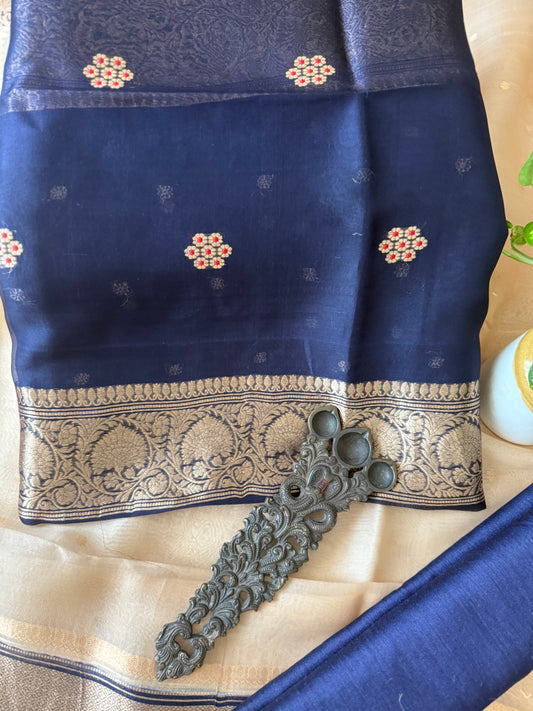 ROYAL  BLUE RAW SILK CERTIFIED HANDLOOM BANARSI KADWA BUTTI WITH WOVEN ZARI THREE PIECE SUIT