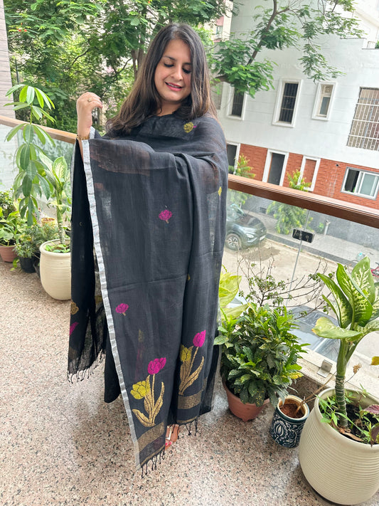 BLACK JAMDANI LINEN  KURTA SET LJS-1048