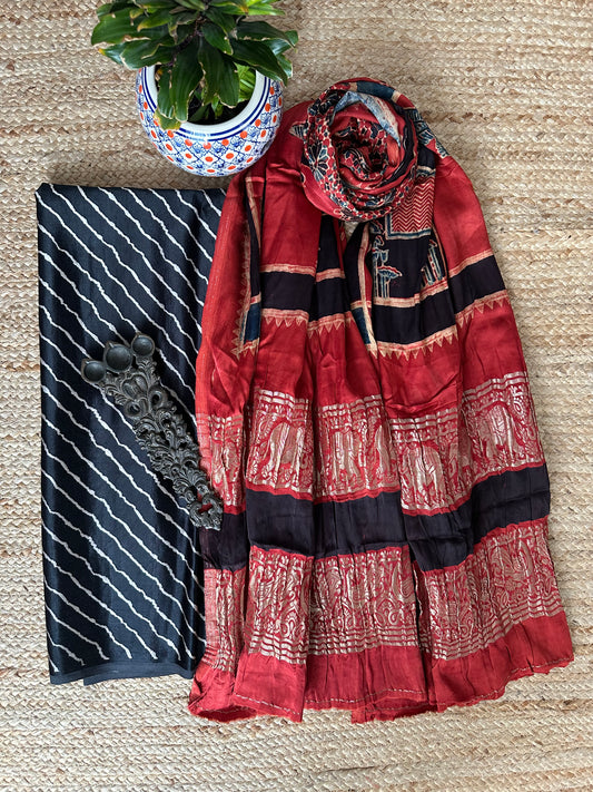 BLACK LEHERIYA MASHRU SILK KURTA WITH AJRAKH HANDCRAFTED  MODAL SILK DUPATTAS PS- 10184
