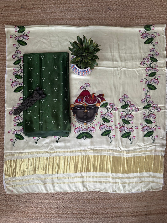 GREEN BANDHANI CREAM PICHWAI  MASHRU  SILK KURTA WITH CREAM  PATOLA HANDCRAFTED MODAL SILK DUPATTA