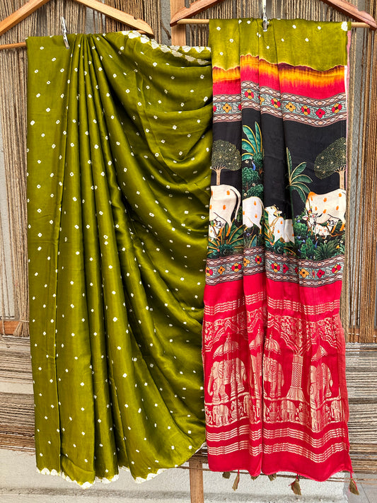 MEHENDI GREEN MODAL SILK BANDHANI  SARI WITH PICHWAI PRINT