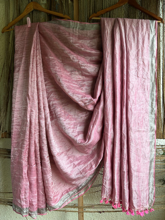 009 DUSTY PINK METALLIC LINEN SARI WITH WOVEN  BORDER &amp;  TASSELS ML-59