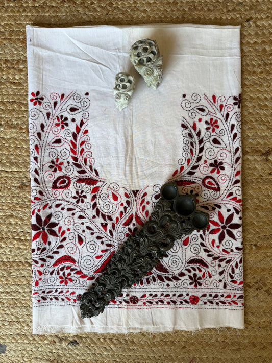 White cotton silk kantha work un stitched blouse piece