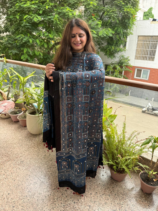 Maroon Ajrakh Modal Silk Handcrafted Kurta With Blue Ajrakh Handcrafted Mirror Work Modal Silk Dupatta