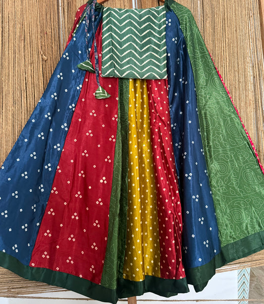 Green mashru silk blouse-with Multicolour patchwork  handcrafted mashru silk Skirt