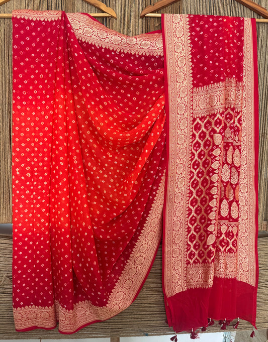 Red & Orange Handwoven Neem Zari Bareek Bandhani Saree with Khaddi Georgette BS- 303