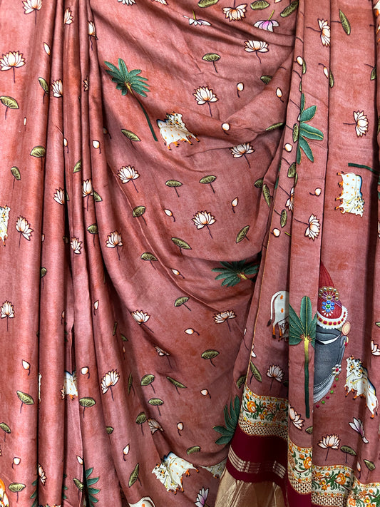 LIGHT BROWN PICHWAI MODAL SILK PRINT SARI WITH ZARI BORDER