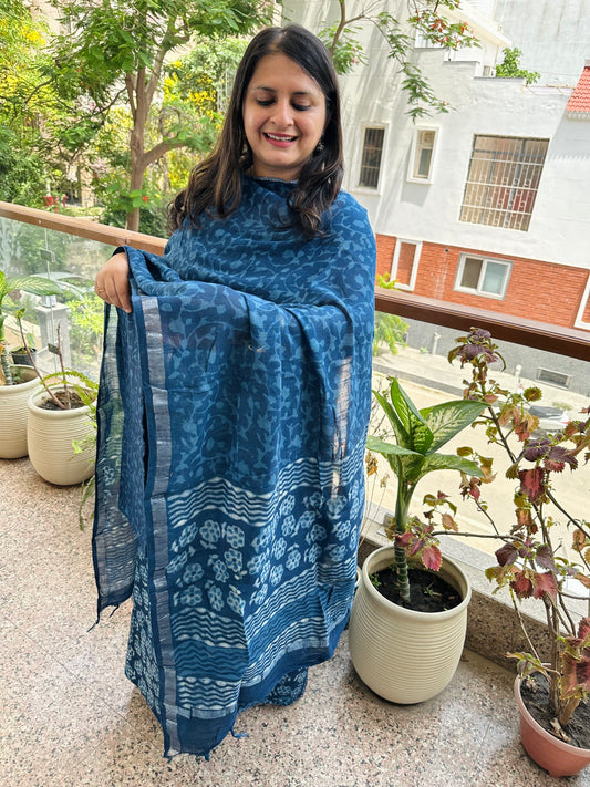 INDIGO LINEN COTTON HANDBLOCK SUIT SET