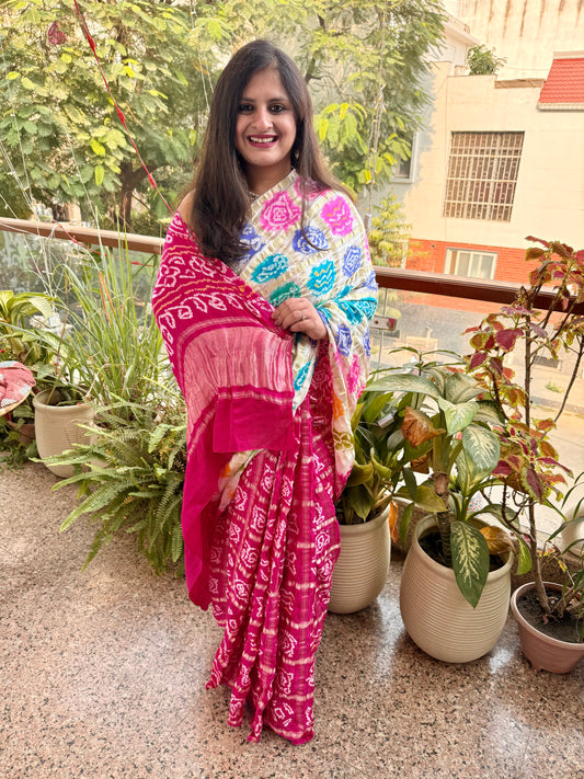HOT PINK MULTI COLOUR GAJJI SILK GHARCHOLA RAI BANDHANI GAJJI SARI  BS- 207