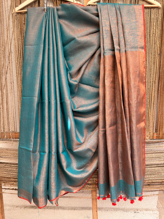 TEAL BLUE  TISSUE LINEN ZARI SARI WITH WOVEN RED BORDER