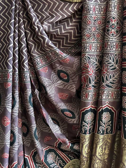 CHIKOO BROWN DOLA  SILK AJRAKH ZARI BORDER SARI