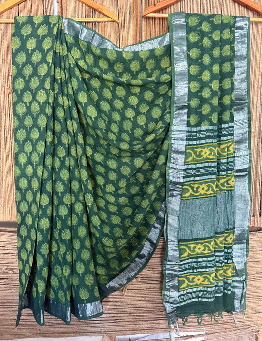GREEN  AKOLA LINEN ZARI WOVEN HANDBLOCK SARI