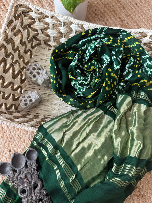 BOTTLE GREEN HANDWOVEN HANDCRAFTED GAJJI SILK CHANDMUKHI DUPATTA