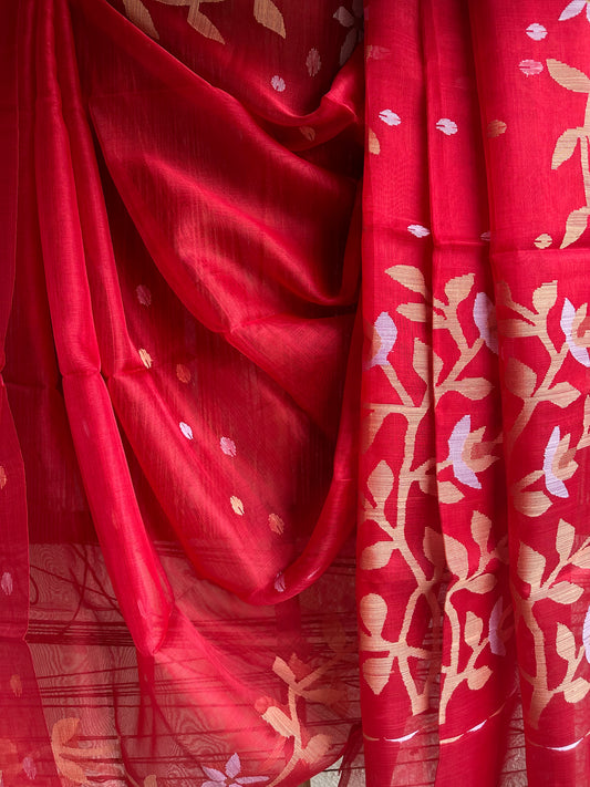 RED MAROON JAMDANI HANDWOVEN PURE MUSLIN SILK SARI MJS-1