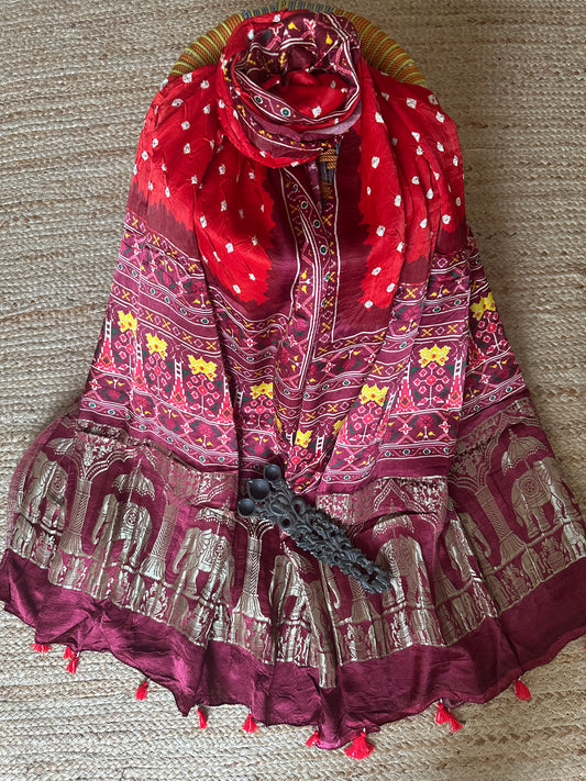 CANDY RED MODAL SILK BANDHANI DUPATTA WITH PICHWAI PRINT IN NAKSHI BORDER