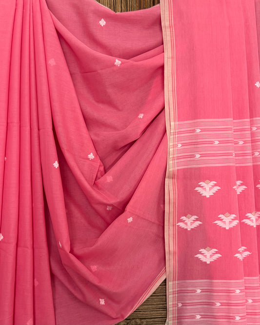 FLAMINGO PINK CLASSIC  AUTHENTIC HANDWOVEN JAMDANI WEAVING PURE COTTON SARI