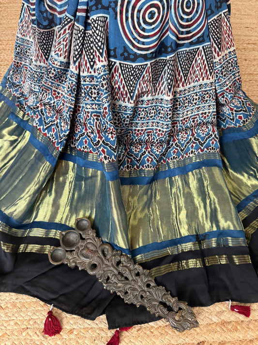 Blue ajrakh silk zari woven dupatta
