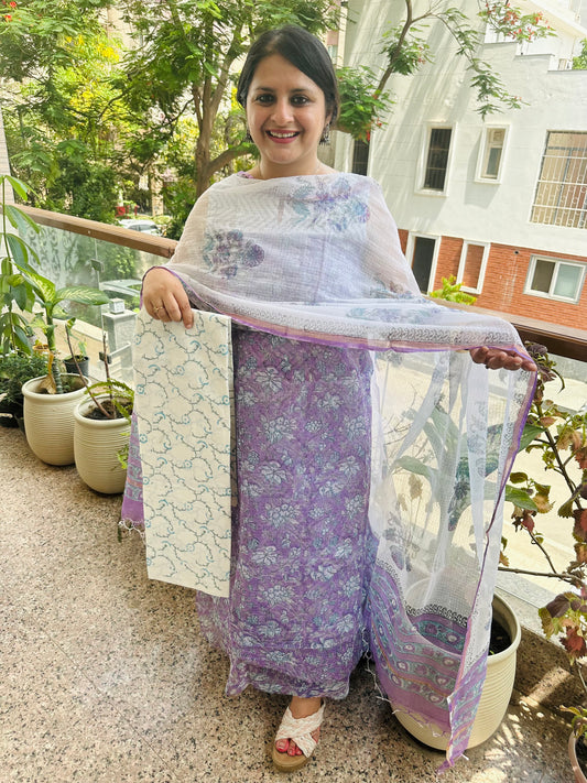 MAUVE PURPLE KOTA  HANDBLOCK SUIT SET