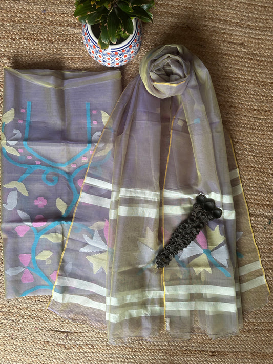 GREENISH BLUE DUAL SHADE HANDWOVEN JAMDANI PURE MUSLIN SILK KURTA SET MJK-40