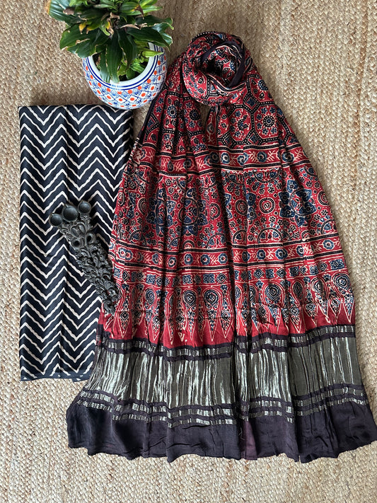 BLACK MASHRU SILK KURTA WITH AJRAKH HANDCRAFTED MODAL SILK DUPATTA MAK -5