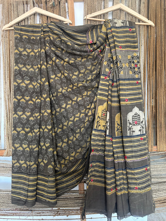 MUSTARD WITH MEHNDI GREEN COTTON AJRAKH HANDEMBROIDERY SARI