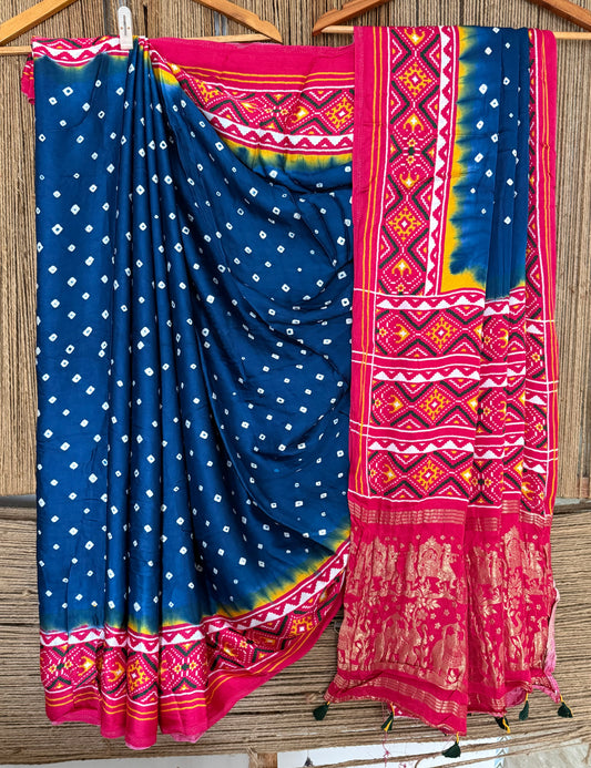 BLUE PINK MODAL SILK BANDHANI  SARI WITH PATOLA PRINTBPS 41