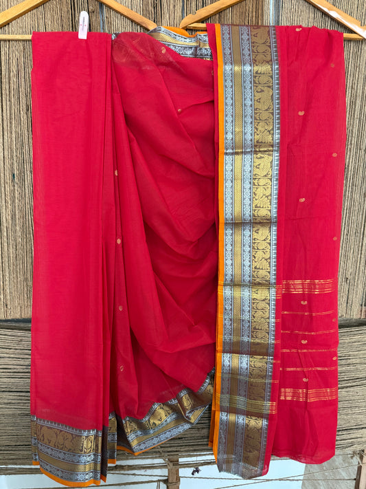 RED TRADITIONAL KANCHI COTTON SARI WITH ELEPHANT,PEACOCK & PAISLEY DESIGN WITH RUNNING BLOUSE