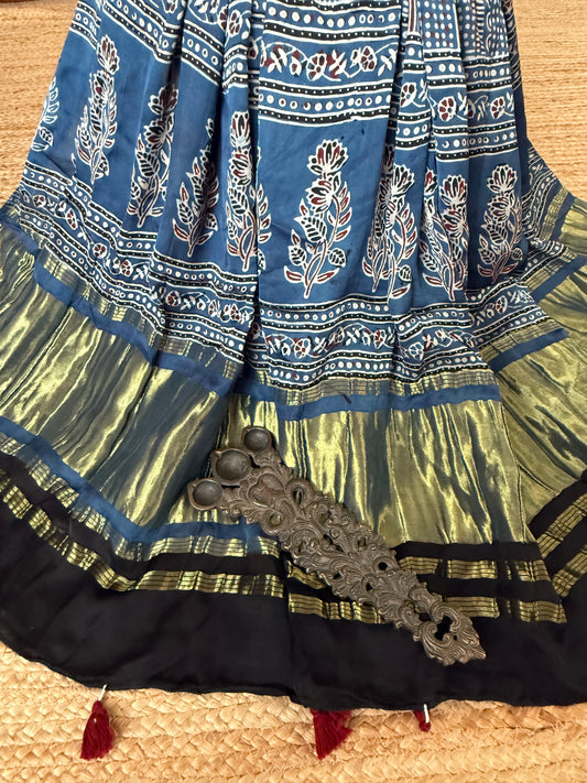 Blue ajrakh silk zari woven dupatta
