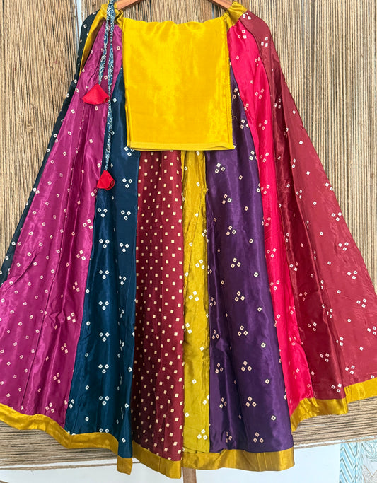 Mustard mashru silk blouse-with bandhani Patola patchwork  handcrafted mashru silk Skirt