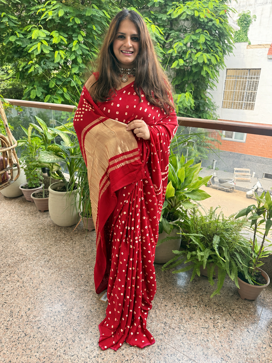 Cherry Red modal  silk dot bandhani sari