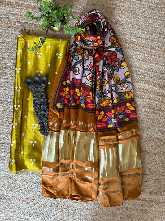 MUSTARD YELLOW THREE DOTS MASHRU SILK KURTA WITH PATOLA HANDCRAFTED MODAL SILK DUPATTA PS-220