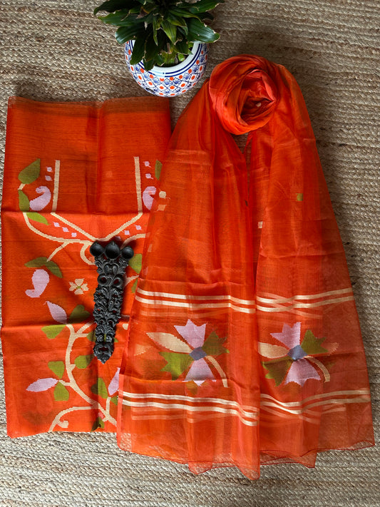RED ORANGE HANDWOVEN JAMDANI PURE MUSLIN SILK KURTA SET MJK-47