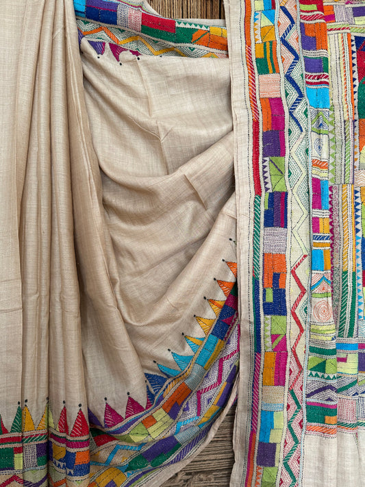 NATURAL BEIGE WITH MULTI THREAD HAND EMBROIDERY KANTHA WORK TUSSAR SILK SARI