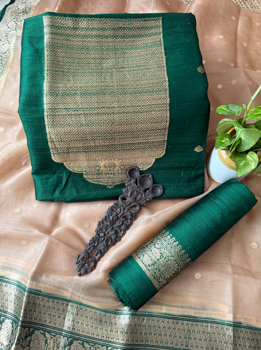 Bottle green raw silk certified handloom banarsi kadwa butti with woven zari three piece suit