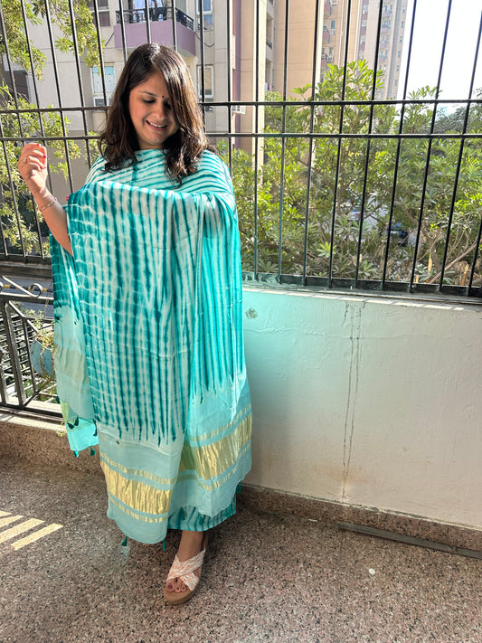 Cream Cyan Green Modal  Silk Shibori  Kurta with Shibori  handcrafted Modal Silk Dupatta SMS 102