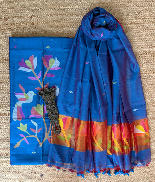 Peacock Blue handwoven jamdani pure cotton silk kurta set mjk