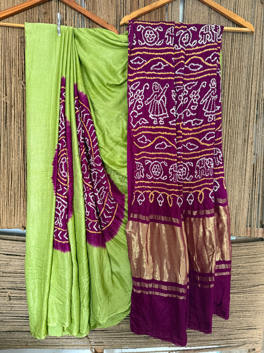 OLIVE GREEN &  MAGENTA PURPLE GAJJI SILK RAI BANDHANI CHAKRA THEME GAJJI SARI  BS- 206