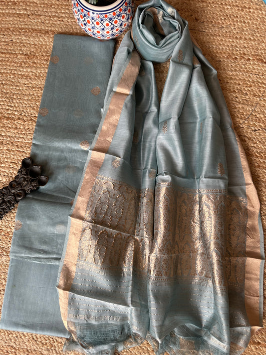 Grey Katan silk certified handloom Banarsi Booti three piece suit