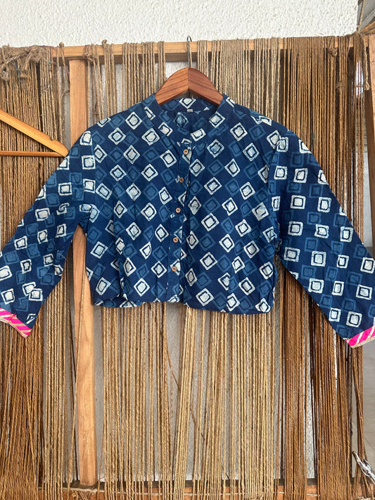 BLUE COTTON BLOCK PRINT BLOUSE