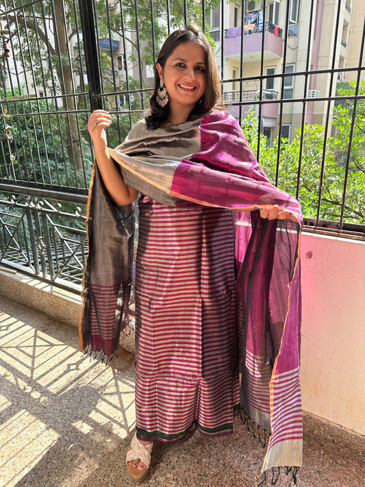 SILVER MAGENTA  4 PLY STRIPES TISSUE  MAHESHARI SILK HANDLOOM KURTA SET