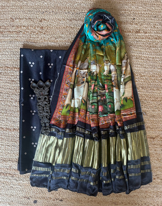 Black mashru  silk kurta with patola handcrafted modal silk dupatta ps- 1048